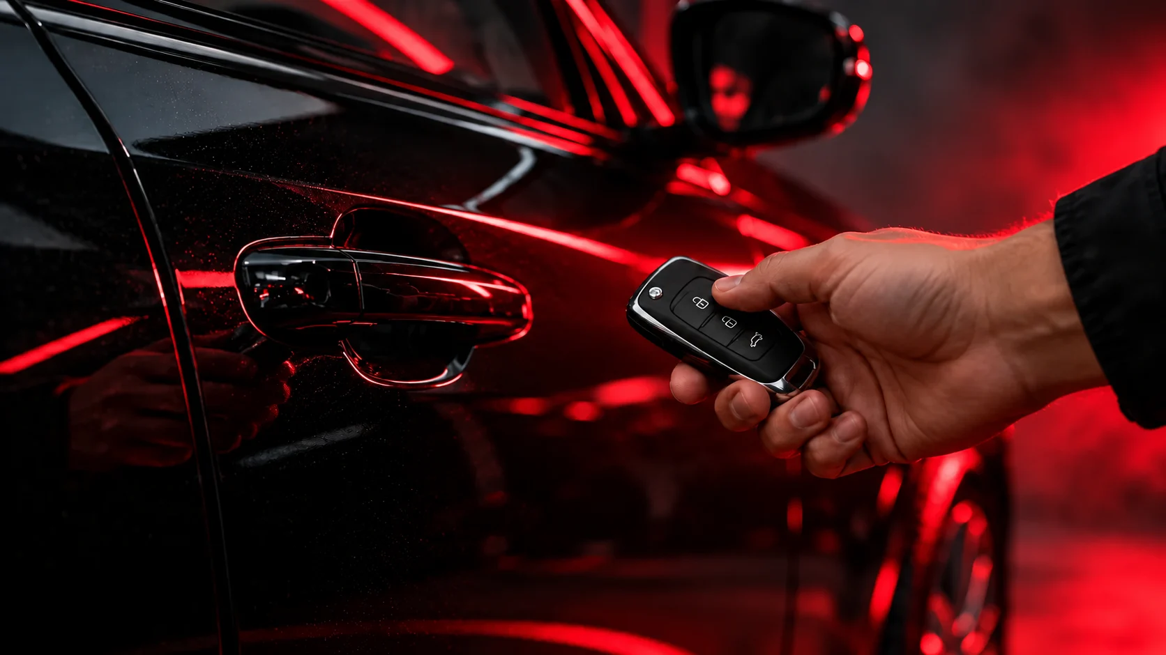 Smart car key held beside a modern car door